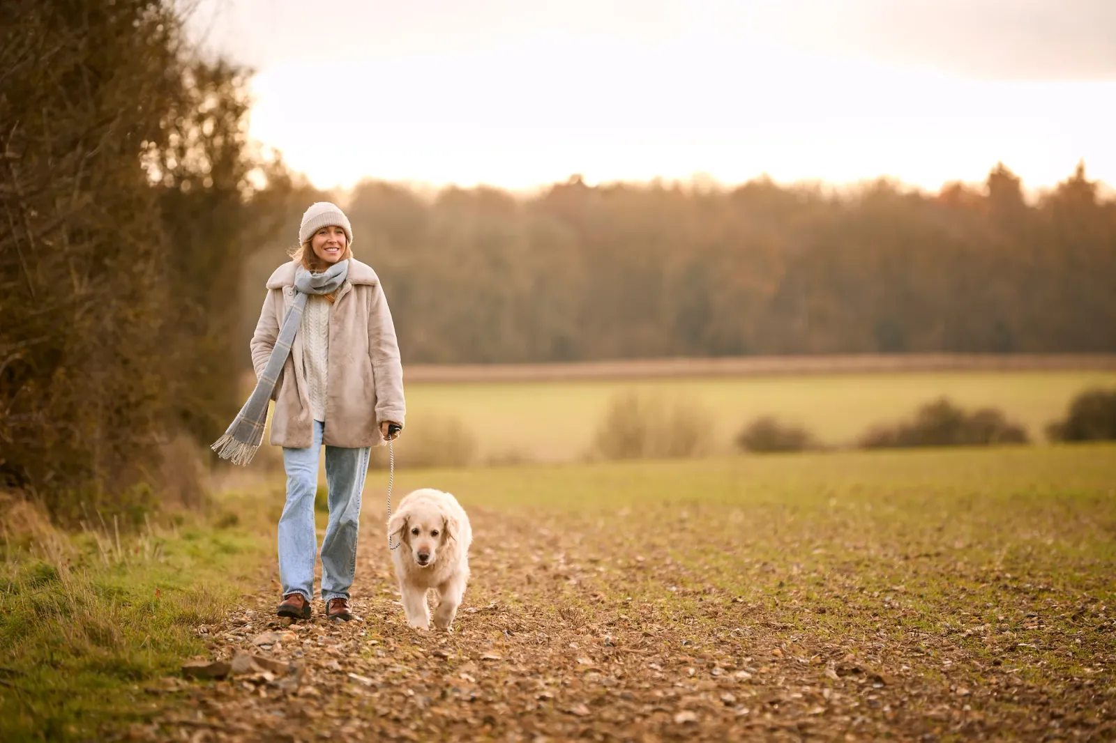 woman taking golden retriever dog for walk on lead 2024 10 19 05 54 45 utc